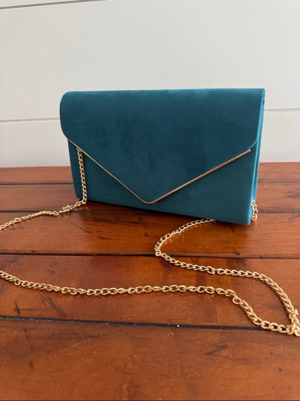 Teal Suede-like Envelope Clutch with Gold Chain Strap